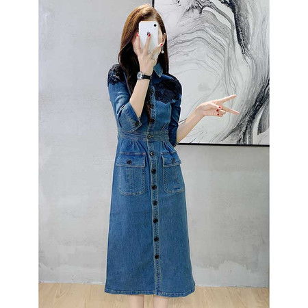 施悦名 欧列精品牛仔连衣裙2021秋季新款女装拼接蕾丝polo领长裙