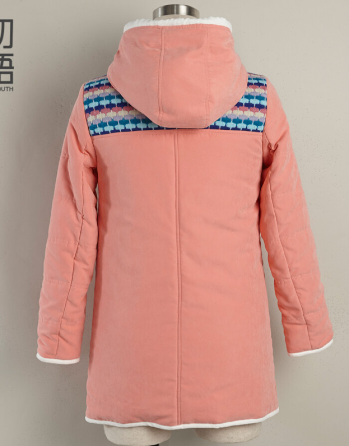 初语新款棉衣中长款 宽松连帽撞色毛织拼接简约棉服女 8530822006 桃粉 XL